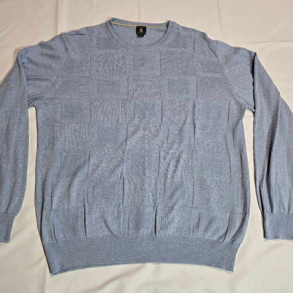 ROBERT TALBOTT ITALY 100% COTTON LIGHT SWEATER PULLOVER BLUE SQUARES MENS LARGE
